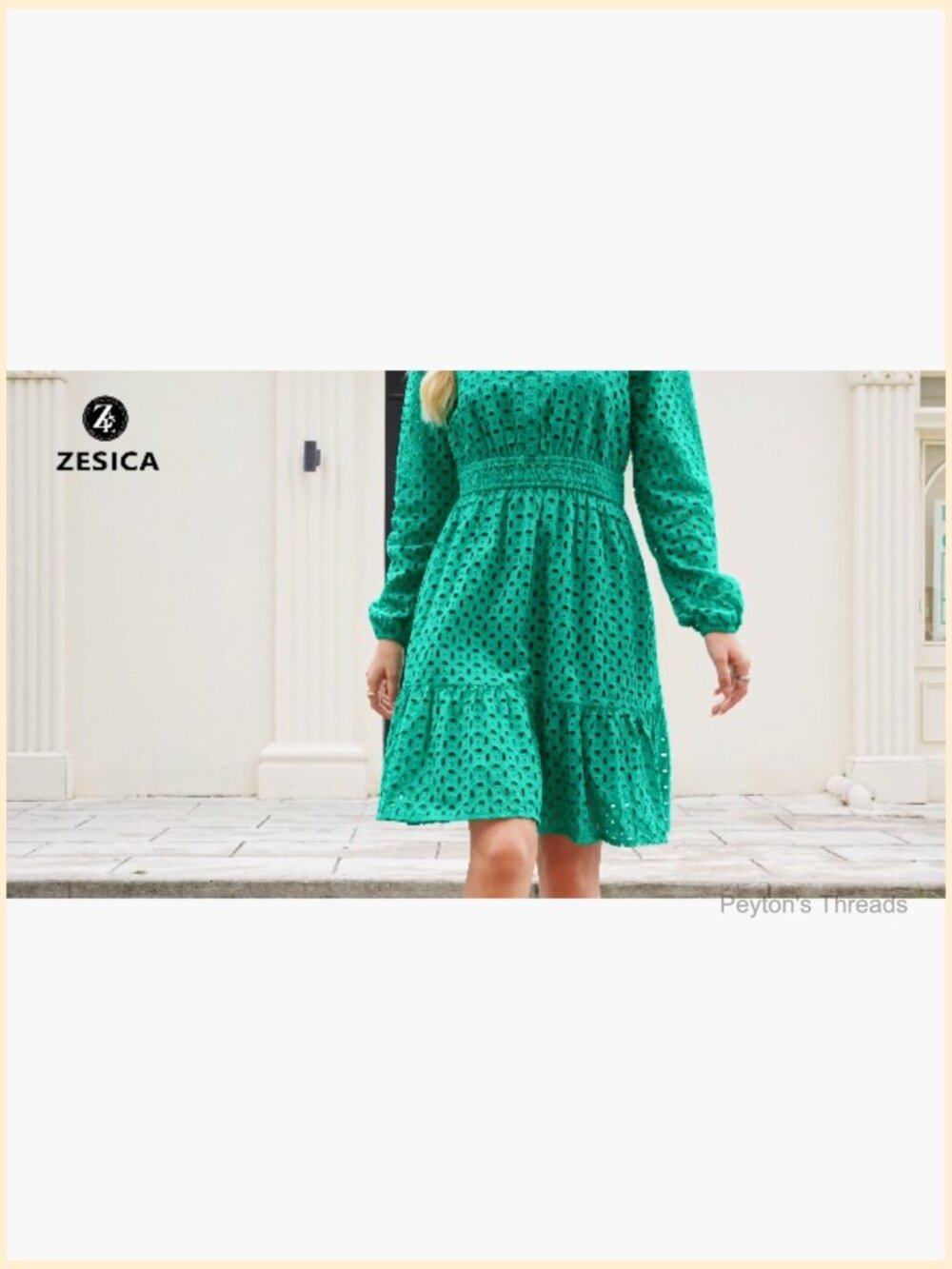 Women's V Neck Long Sleeve Mini Dress A-Line Swing Eyelet Embroidery Ruffle - Picture 7 of 7
